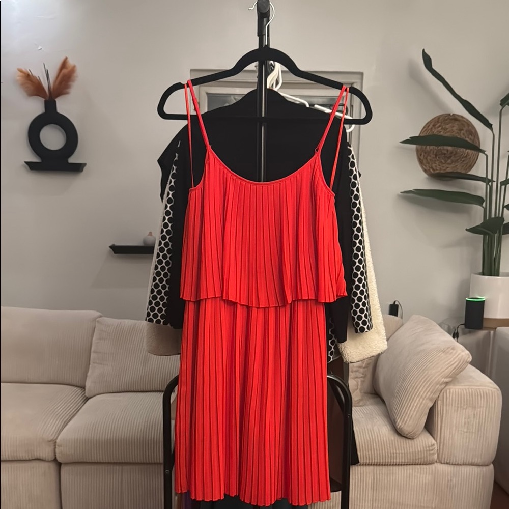 Red Pleated Spaghetti Strap Dress
